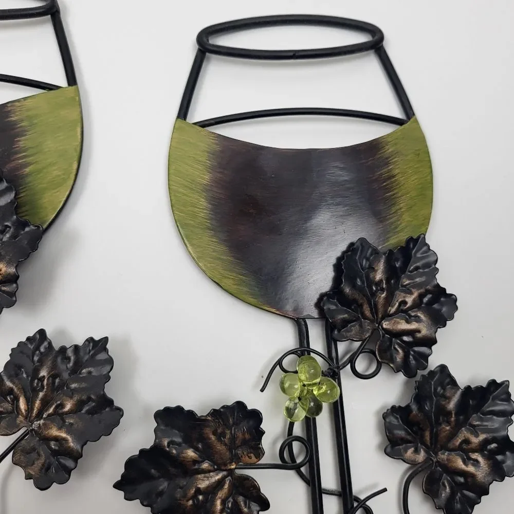 Metal Wine Glass Set, Hanging Wall Decor - Green, Black, Bronze, Leaves & Grapes